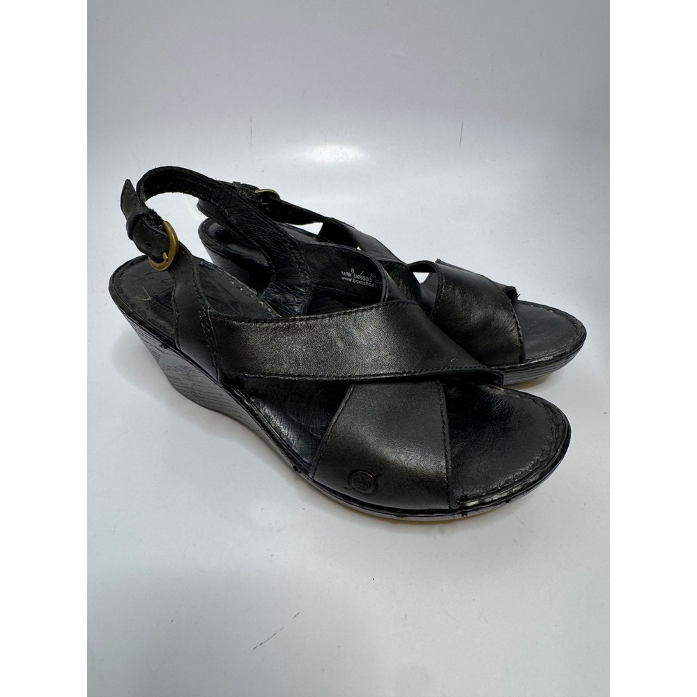 Born Wedge Sandals Womens 8 Black Good Leather Crisscross Slingback D99503